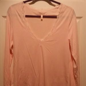 Pink Cotton V-Neck Top with Lace